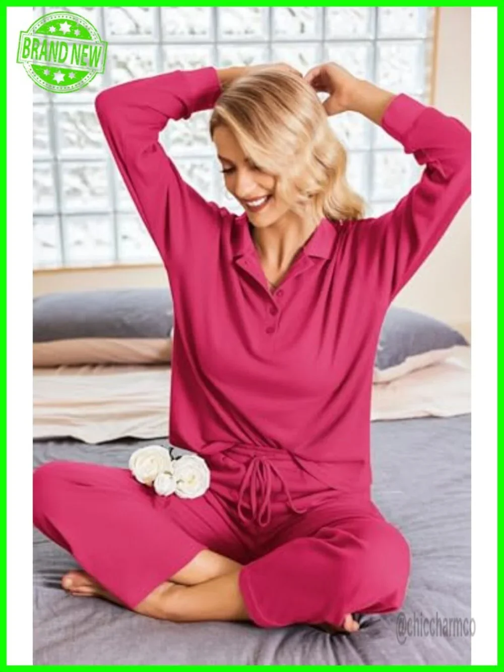 Womens 2 Piece Matching Lounge Set Sweatsuit Waffle Knit Pajamas Long Sleeve
